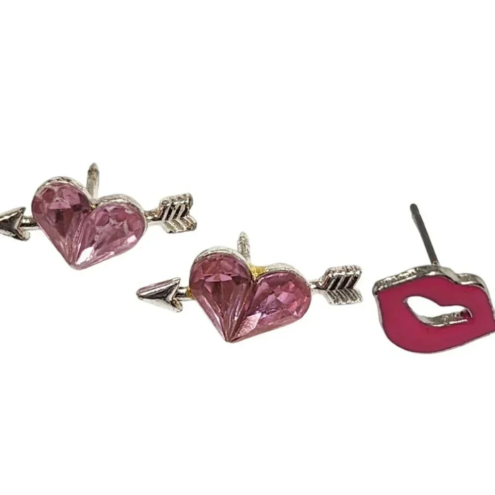 Vintage 60s-70s Crystal Heart Arrow Pink Enamel Lips Lapel Pin Silver Tone